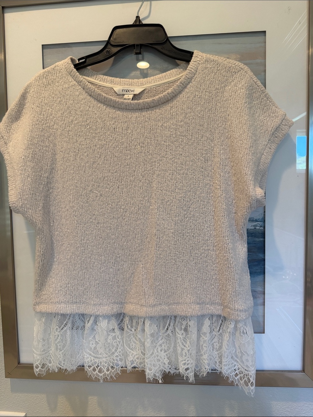 Maeve Cream Short Sleeve Knit Top with Lace Hem